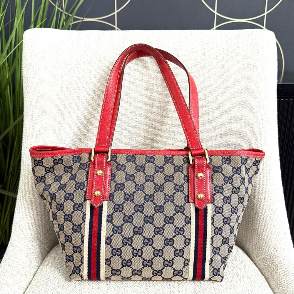 Authentic Gucci Sherry Line tote bag grey canvas red leather - Picture 6 of 16